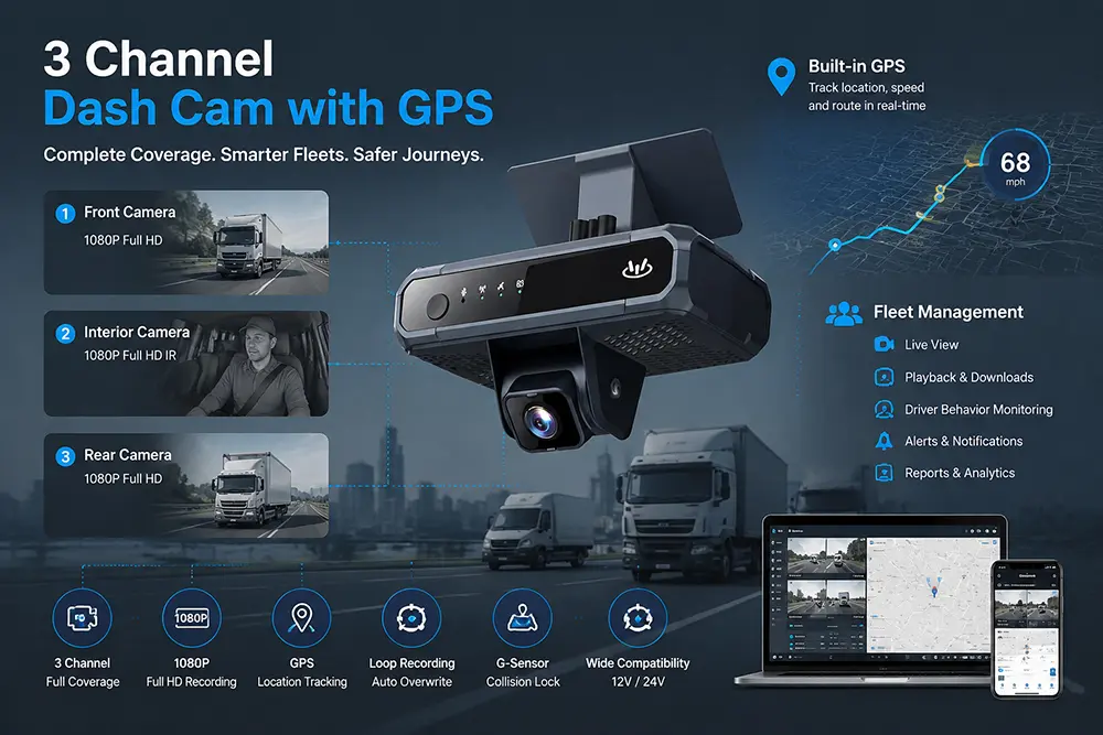 3 Channel Dash Cam with GPS